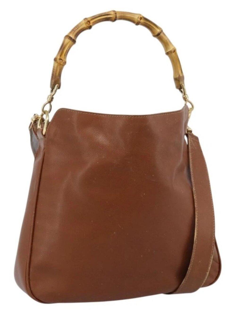 GUCCI Bamboo Hand Bag Leather 2way Brown Gold 001 1638 2615 Auth 87155